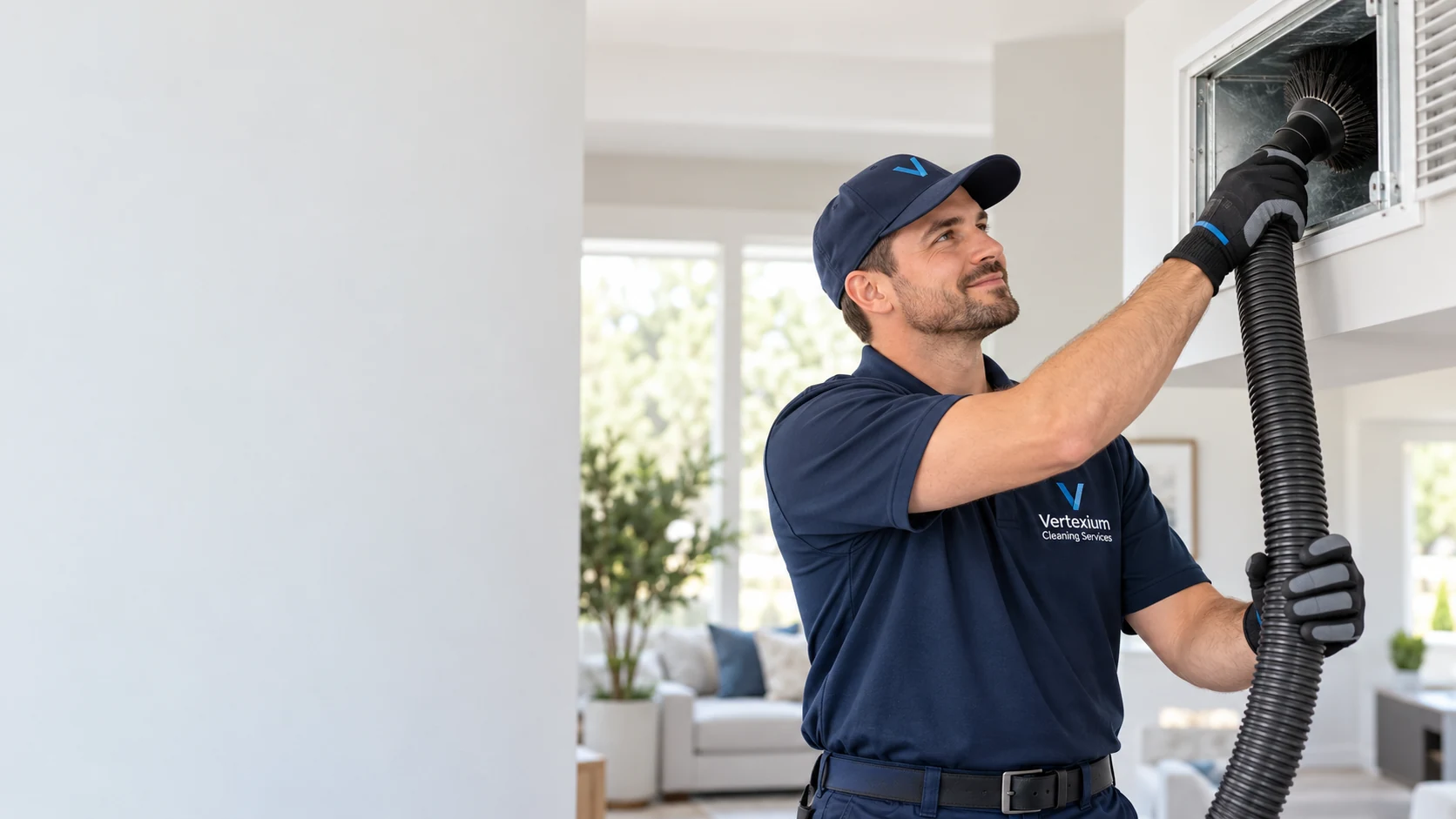 Illustration of a Vertexium Cleaning Services technician working on a home ventilation duct